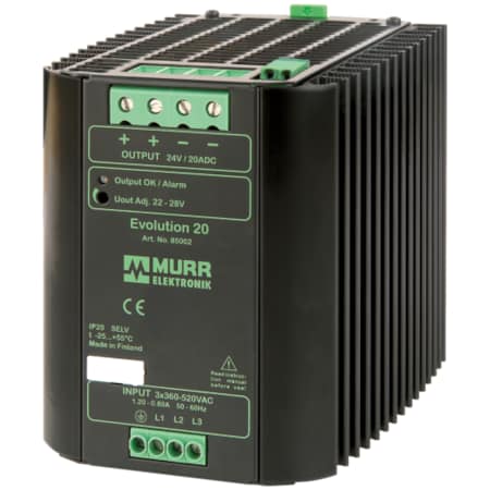 Murrelektronik EVOLUTION+ POWER SUPPLY 3-PHASE, IN: 360-520VAC OUT: 22-28V/20ADC, Alarm Contact and varnished PCB 85642